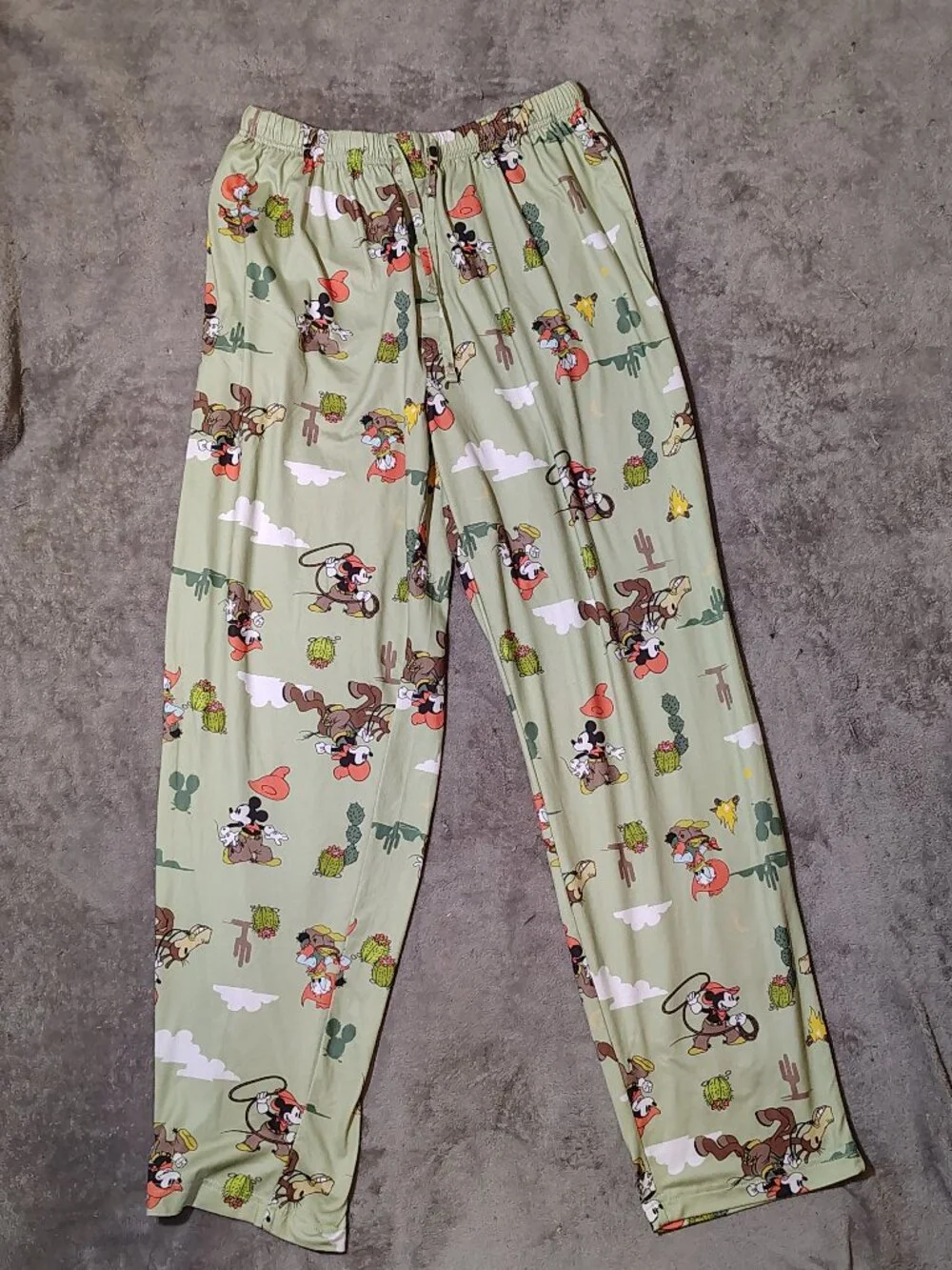 Disney Mickey Mouse Pajama Lounge Pants Western Cowboy Donald Duck Campfire Lrg - Picture 1 of 4